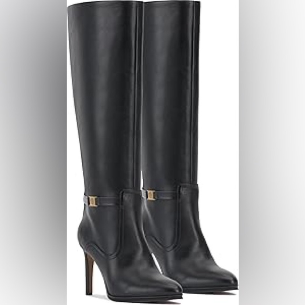 Vince Camuto Skylie Black Glossy Leather High Heel Boots Sz 8 BNWB